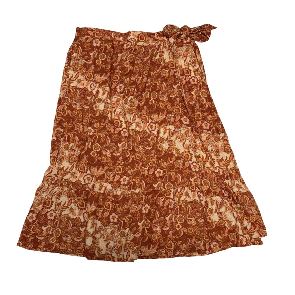 Womens Whimsical 100% Linen Floral Midi Skirt L Fairy Boho Retro